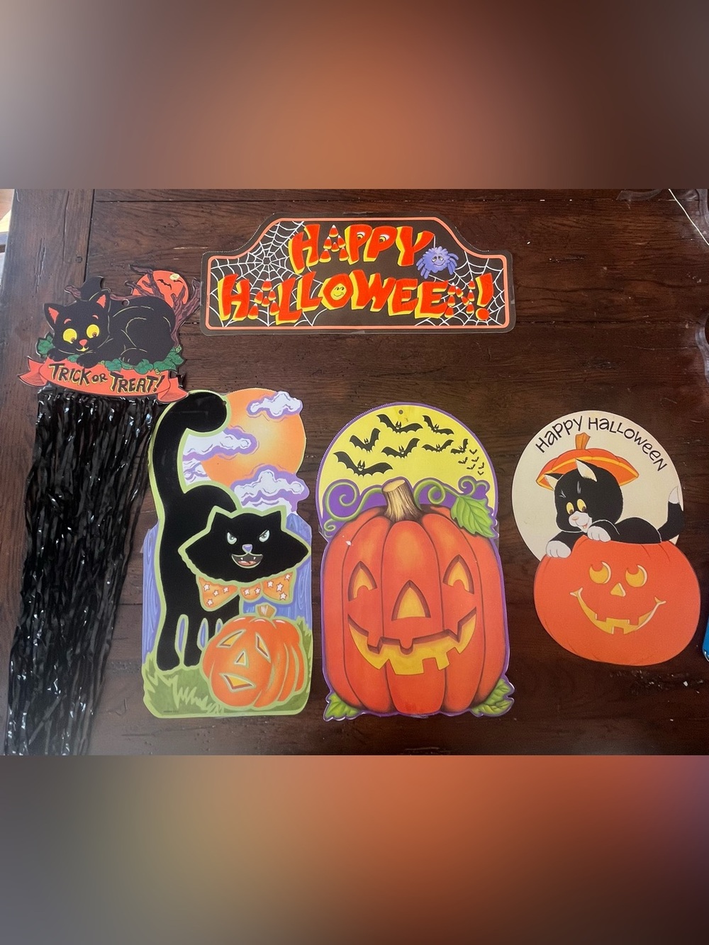 Vintage Eureka Halloween Decorations Flocked Pumpkin & Cat Lot 5 Decorations